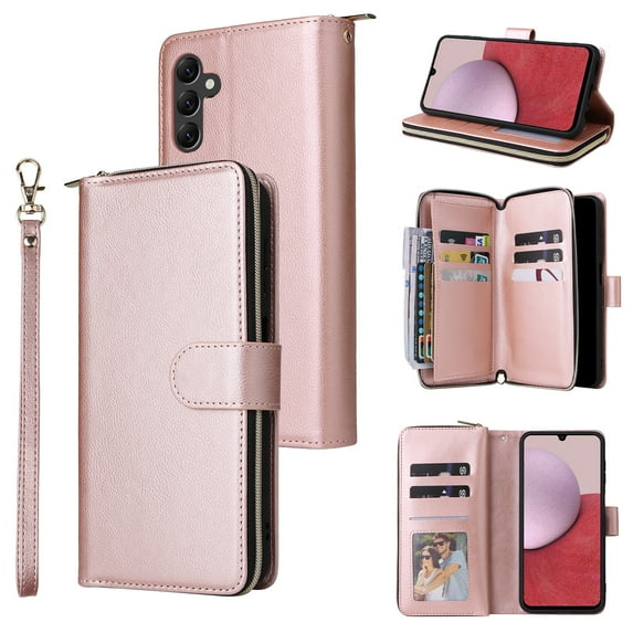 Dteck Wallet Case for Galaxy A54 5G,Samsung A54 5G Case,Zipper Wallet Pocket PU Leather Handbag Card Holder Slots Wrist Strap Flip Protective Phone Cover,rosegold
