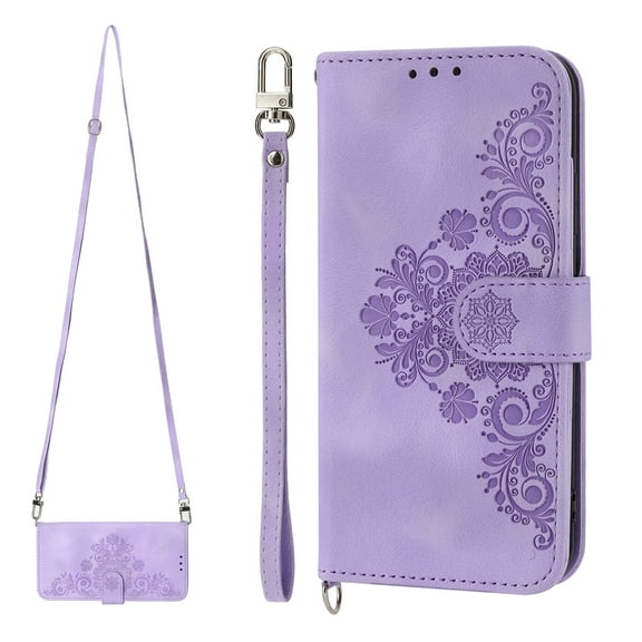 Dteck Wallet Case for Google Pixel 6 Handbag with Card Slots, Embossed PU Leather Flip Stand Cover with Wrist Lanyard Crossbody Shoulder Strap for Google Pixel 6, Purple