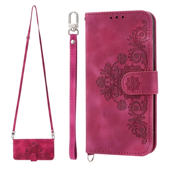 Dteck Wallet Case for Google Pixel 6 Handbag with Card Slots, Embossed PU Leather Flip Stand Cover with Wrist Lanyard Crossbody Shoulder Strap for Google Pixel 6, Red