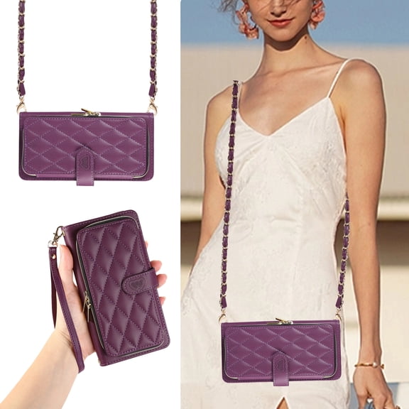 Dteck Wallet Case for Google Pixel 6 Pro, Zipper Case with Card Holder Slot, Soft PU Leather Zipper Purse with Wristlet Strap Crossbody Chain Lanyard,Deep Purple