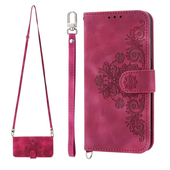 Dteck Wallet Case for Google Pixel 6a Handbag with Card Slots, Embossed PU Leather Flip Stand Cover with Wrist Lanyard Crossbody Shoulder Strap for Google Pixel 6A,Red