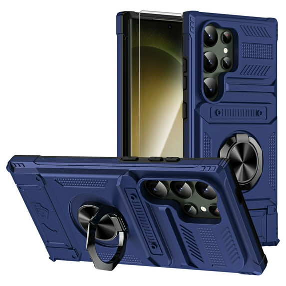 Dteck Wallet Case with Hidden Credit Card Holder for Samsung Galaxy S25 Ultra,with Screen Protector Shockproof TPU+PC Ring Stand Case Heavy Duty Military Grade Protective Cover,Blue