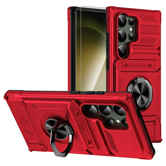 Dteck Wallet Case with Hidden Credit Card Holder for Samsung Galaxy S25 Ultra,with Screen Protector Shockproof TPU+PC Ring Stand Case Heavy Duty Military Grade Protective Cover,Red