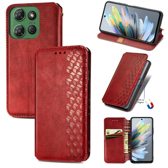 Dteck Wallet Case For Motorola Edge 2024 Released, Shockproof Premium PU Leather Flip Folio Case RFID Blocking Card Slots Magnetic Closure and Stand Business Case, Red