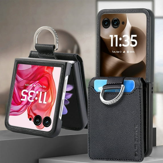 Dteck Wallet Case for Motorola Razr Plus 2025/2024,Shockproof Leather Case Card Slots Wallet Ring Holder Case Hard PC Back Cover for Motorola Razr+ 2025/Motorola Razr+ 2024,Black