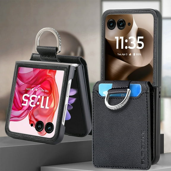 Dteck Wallet Case for Motorola Razr Ultra 2025,Shockproof Leather Case Card Slots Wallet Ring Holder Case Hard PC Back Cover for Motorola Razr Ultra 2025,Black