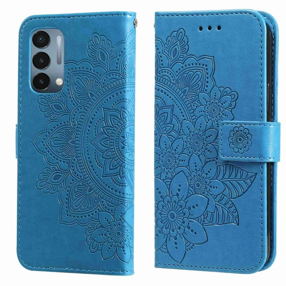 Dteck Wallet Case for OnePlus Nord N200 5G 2021, 1+Nord N200 5G 6.49" Bling Case, Magnetic Flip Folio PU Leather Soft TPU Bumper Embossed Flower Kickstand Case, Blue Flower