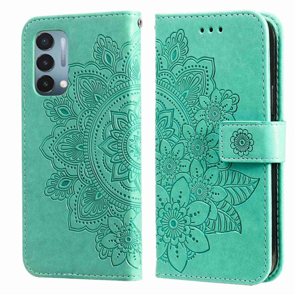 Dteck Wallet Case for OnePlus Nord N200 5G 2021, 1+Nord N200 5G 6.49" Bling Case, Magnetic Flip Folio PU Leather Soft TPU Bumper Embossed Flower Kickstand Case, Green Flower