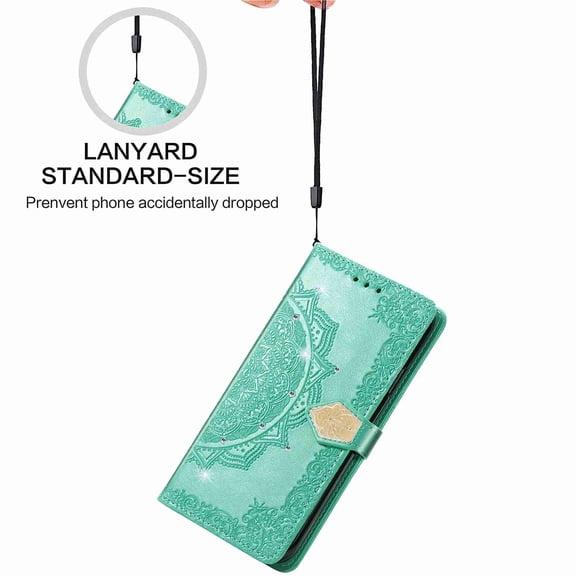 Dteck Wallet Case for Oneplus Nord N200 5G, Bling Diamond Embossed Flower Mandala Floral PU Leather Folio Flip [Kickstand] [Card Slots Holder][Wrist Strap] Magnetic Cover, Green Flower