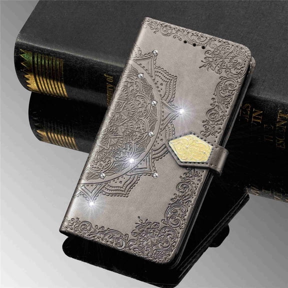 Dteck Wallet Case for Oneplus Nord N200 5G, Bling Diamond Embossed Flower Mandala Floral PU Leather Folio Flip [Kickstand] [Card Slots Holder][Wrist Strap] Magnetic Cover, Gray Flower