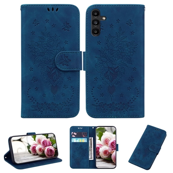 Dteck Wallet Case for Samsung A13 4G, Flower Embossed PU Leather Flip Case with Card Holder Kickstand Protection Cover Wirst Strap Protective Case Samsung Galaxy A13 4G,Blue