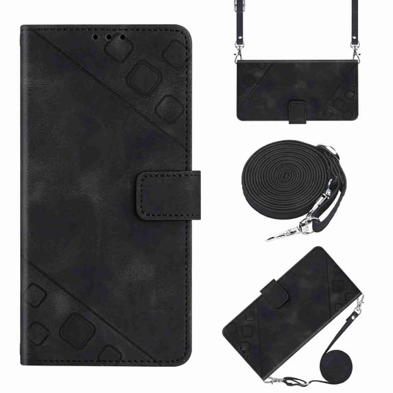Dteck Wallet Case for Samsung A35, Magnetic Emboss Pattern Shockproof PU Leather Flip Protective Case with Adjustable Shoulder Strap for Galaxy A35, Black