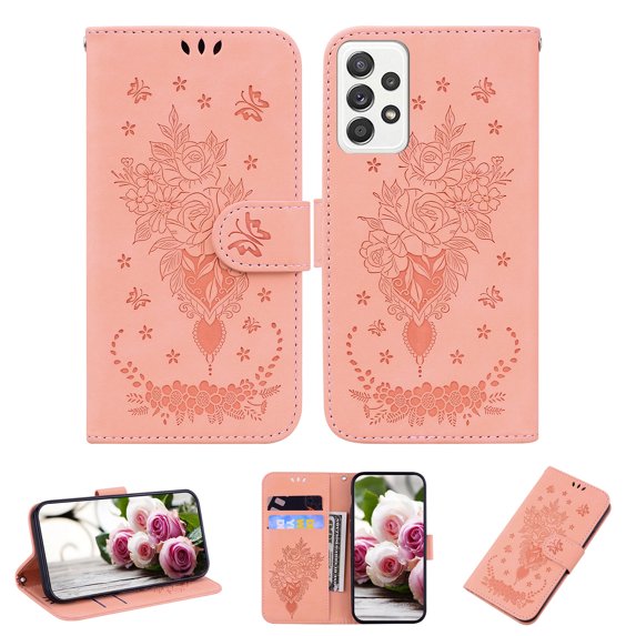 Dteck Wallet Case for Samsung A52, Flower Embossed PU Leather Flip Case with Card Holder Kickstand Protection Cover Wirst Strap Protective Case for Samsung Galaxy A52 5G/4G,Pink