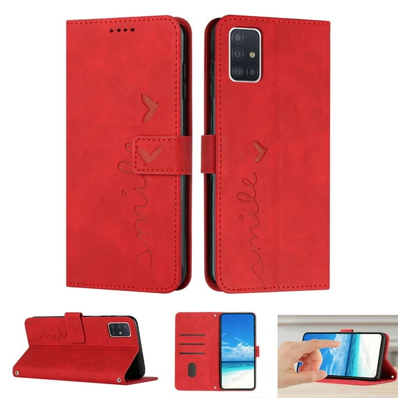 Dteck Wallet Case For Samsung A71 Case 5G, Embossed Pattern PU Leather Cover with Credit Card Holder, Magnetic Clasps Kickstand Flip Wrist Strap Cover for Samsung Galaxy A71 5G, Red