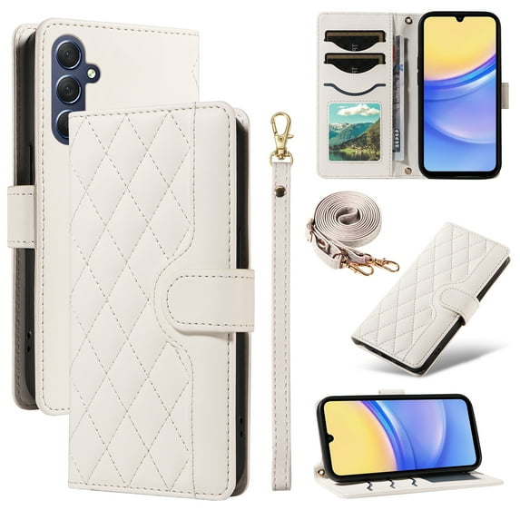 Dteck Wallet Case for Samsung Galaxy A05 with Wrist Strap Shoulder Strap, Shockproof Magnetic Multiple Card Slots Purse PU Leather Stand Phone Cover, White