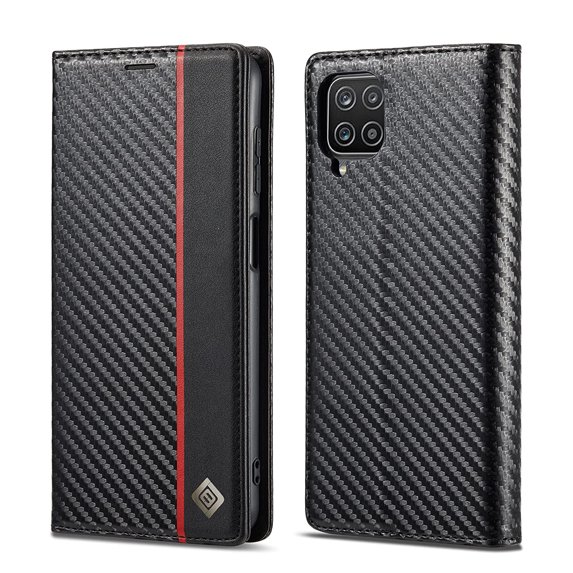 Dteck Wallet Case for Samsung Galaxy A12 5G,Carbon Fiber Premium PU Leather Flip Case with Card Holder Magnetic Closure Protective Cover, Vertical Red Line