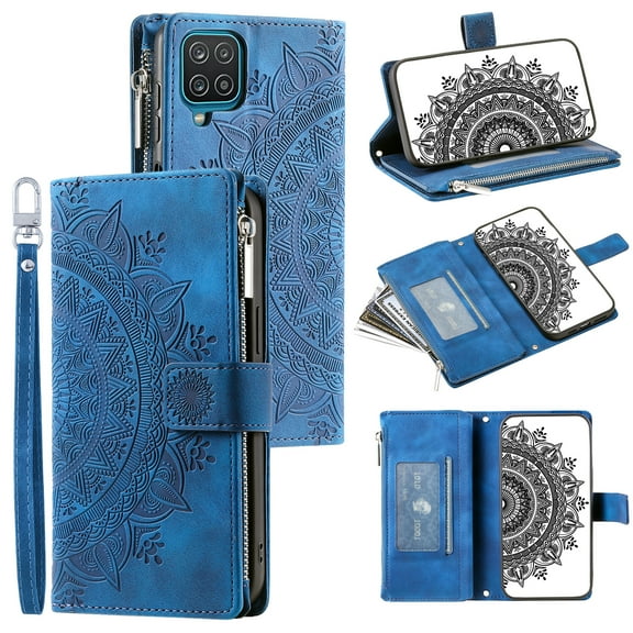 Dteck Wallet Case for Samsung Galaxy A12 5G, Embossed Floral Case Crossbody Strap for Women & Men Magnetic Closure Wallet Card Holder Flip Stand Shockproof Protective Cover, blue