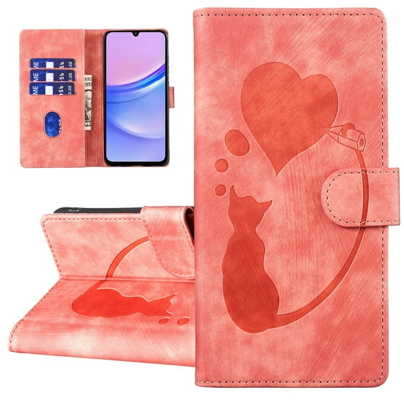 Dteck Wallet Case for Samsung Galaxy A15 5G / 4G 6.5-Inch, Shockproof PU Leather Magnetic Flip Cover with Card Holder, Stand Feature and Wrist Strap,Pink