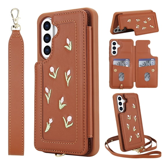 Dteck Wallet Case for Samsung Galaxy A16 5G,Magnetic Leather Card Slots Wallet Case Shockproof Rubber Kickstand Back Cover with Detachable Shoulder Strap/Wrist Strap,Brown