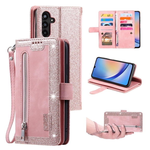 Dteck Wallet Case for Samsung Galaxy A16 5G, Shockproof Zipper Wallet Pocket 9 Card Holder Slots Handbag Case Magnetic Closure Kickstand with Wrist Strap TPU Flip Cover,Rosegold