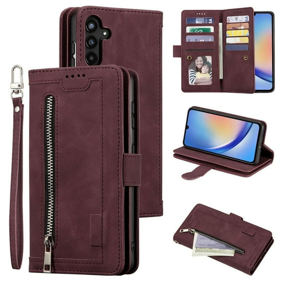 Dteck Wallet Case for Samsung Galaxy A26 5G, Shockproof Zipper Wallet Pocket 9 Card Holder Slots Handbag Case Magnetic Closure Kickstand with Wrist Strap TPU Flip Cover,Winered