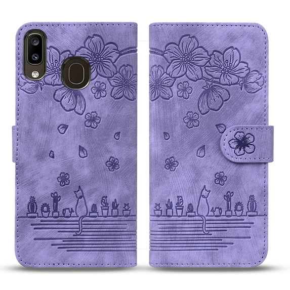 Dteck Wallet Case for Samsung Galaxy A30 Embossed Sakura Flower Cute Cat Pattern PU Leather Case with Card Slots Shockproof Kickstand Protective Case For Samsung Galaxy A30,Purple