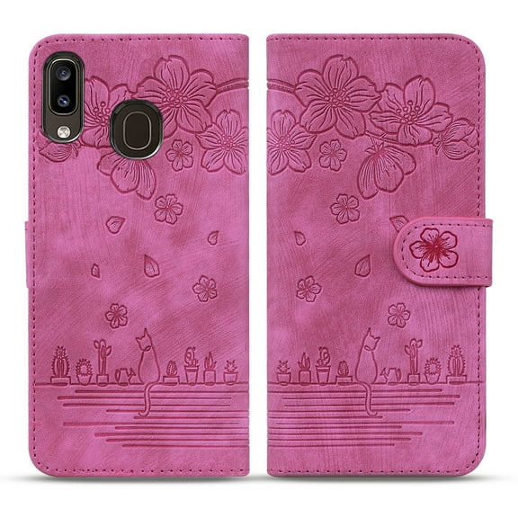 Dteck Wallet Case for Samsung Galaxy A30 Embossed Sakura Flower Cute Cat Pattern PU Leather Case with Card Slots Shockproof Kickstand Protective Case For Samsung Galaxy A30,Rose