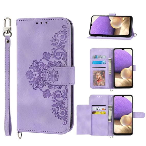 Dteck Wallet Case for Samsung Galaxy A34 5G Embossed PU Leather Cover Removable Adjustable Shoulder Neck Strap Lanyard Phone Case with Card Holder, purple
