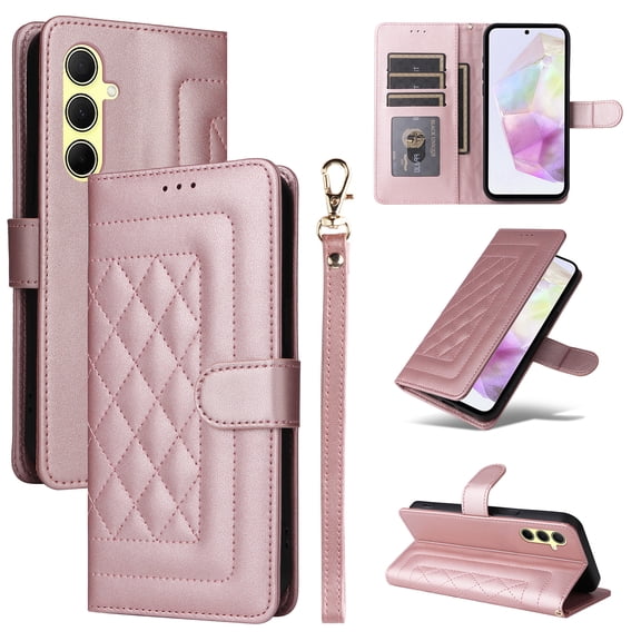 Dteck Wallet Case for Samsung Galaxy A35 5G with Wrist Strap, Galaxy A35 5G Phone Case Wallet with Card Slots, PU Leather Flip Cover Folio Phone Case for Samsung Galaxy A35 5G,Rosegold