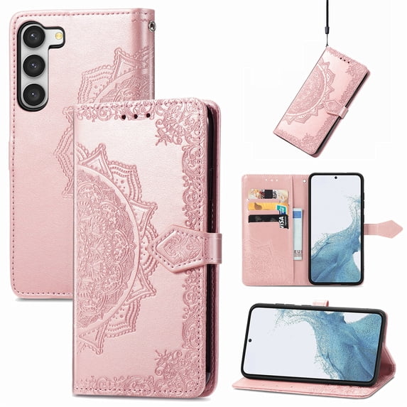 Dteck Wallet Case for Samsung Galaxy A35, Shockproof Mandala Embossing PU Leather Flip Case with Magnetic Clasp and Cash Card Slots Holder Holster for Samsung Galaxy A35,Rosegold