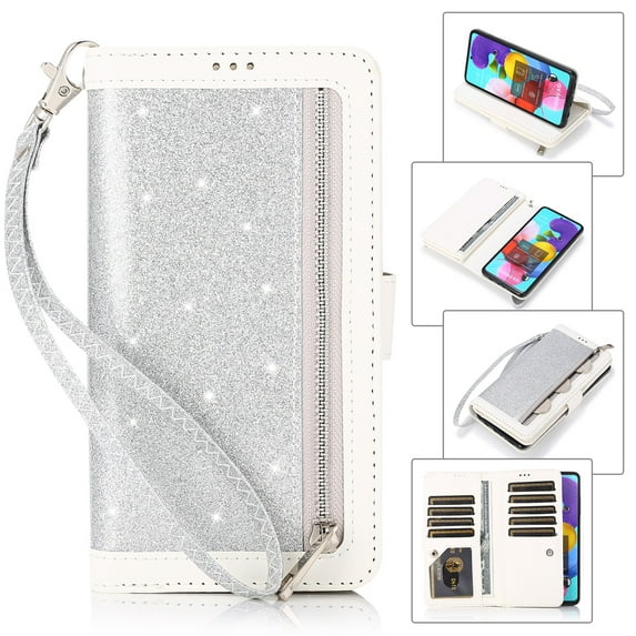 Dteck Wallet Case For Samsung Galaxy A51 (4G), Luxury Glitter Bling PU Leatether Zipper Purse Wallet Case with Built-in 9 Card Slots / Hand Strap, Silver
