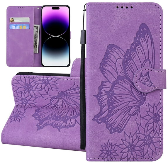 Dteck Wallet Case for Samsung Galaxy A53 5G, Women Butterfly Embossed PU Leather Stand Card Slots Wrist Strap Flip Folio Cover for Galaxy A53 5G,Purple