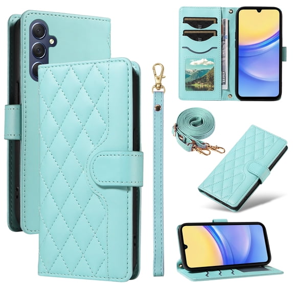 Dteck Wallet Case for Samsung Galaxy A54 5G with Wrist Strap Shoulder Strap, Shockproof Magnetic Multiple Card Slots Purse PU Leather Stand Phone Cover, Green