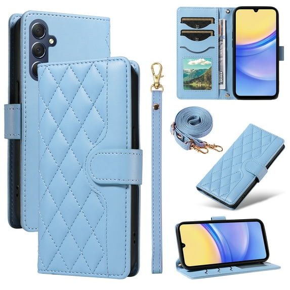Dteck Wallet Case for Samsung Galaxy A55 with Wrist Strap Shoulder Strap, Shockproof Magnetic Multiple Card Slots Purse PU Leather Stand Phone Cover, Blue