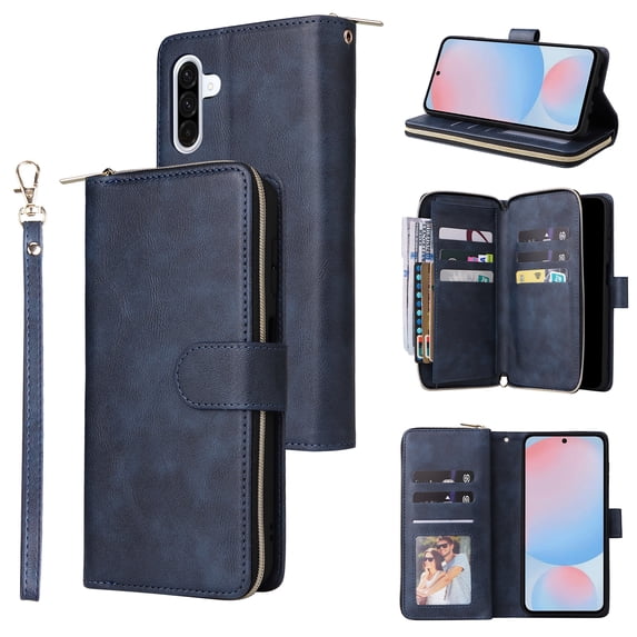 Dteck Wallet Case for Samsung Galaxy A56 5G, Shockproof Premium Magnetic Closure Zipper Pocket Folio PU Leather Flip Case Cover with 9 Card Slots Kickstand, Blue