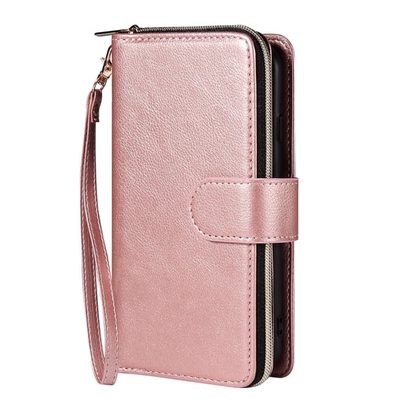 Dteck Wallet Case for Samsung Galaxy A56 5G, Shockproof Premium Magnetic Closure Zipper Pocket Folio PU Leather Flip Case Cover with 9 Card Slots Kickstand, Rosegold