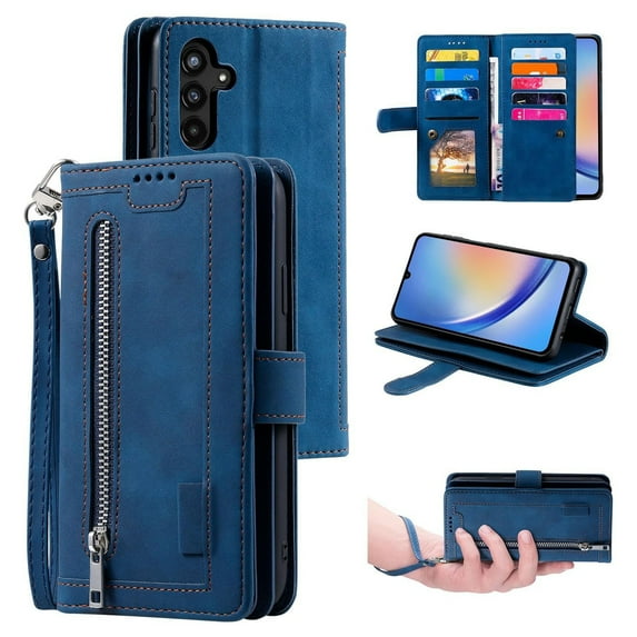 Dteck Wallet Case for Samsung Galaxy A56 5G, Shockproof Zipper Wallet Pocket 9 Card Holder Slots Handbag Case Magnetic Closure Kickstand with Wrist Strap TPU Flip Cover,Darkblue