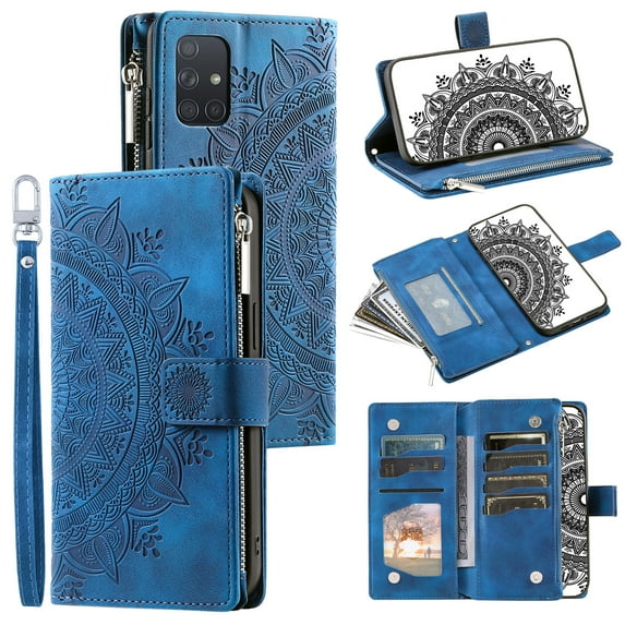 Dteck Wallet Case for Samsung Galaxy A71 4G, Embossed Floral Case Crossbody Strap for Women & Men Magnetic Closure Wallet Card Holder Flip Stand Shockproof Protective Cover, blue