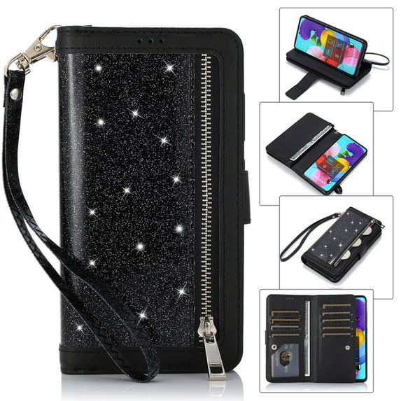 Dteck Wallet Case For Samsung Galaxy A71 (4G), Luxury Glitter Bling PU Leatether Zipper Purse Wallet Case with Built-in 9 Card Slots / Hand Strap, Black