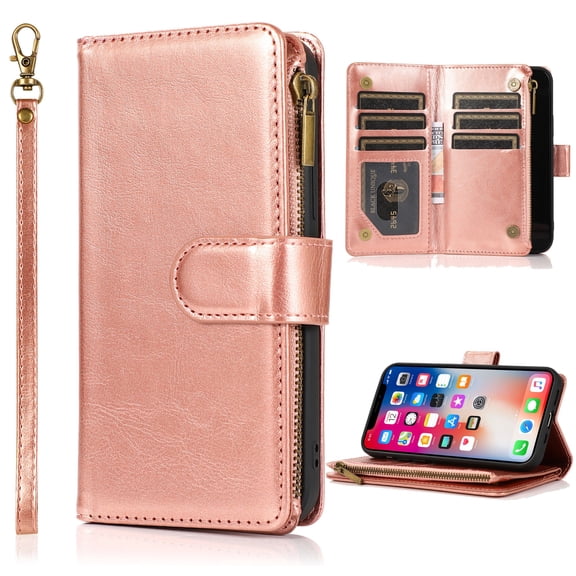 Dteck Wallet Case for Samsung Galaxy Note 10, Premium PU Leather Zipper Flip 9 Card Slots Wallet with Wrist Strap Magnetic Closure Built-in Kickstand Protective Case,Rosegold