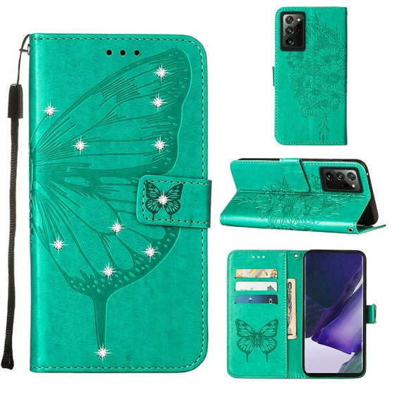 Dteck Wallet Case for Samsung Galaxy Note 20 Ultra with Kickstand Card Slot Holder Magnetic Clasp Phone Cover, Shining Diamond PU Leather Bracket Shockproof Wrist Strap Flip Folio Case,Green