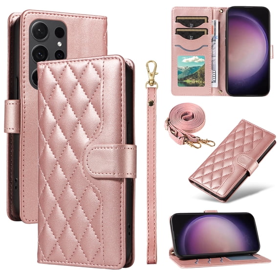 Dteck Wallet Case for Samsung Galaxy Note 20 Ultra with Wrist Strap Shoulder Strap, Shockproof Magnetic Multiple Card Slots Purse PU Leather Stand Phone Cover, Rosegold