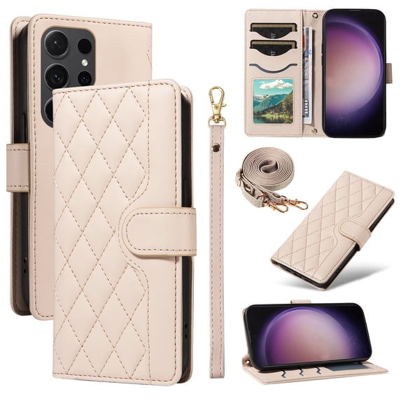 Dteck Wallet Case for Samsung Galaxy Note 20 Ultra with Wrist Strap Shoulder Strap, Shockproof Magnetic Multiple Card Slots Purse PU Leather Stand Phone Cover, Beige
