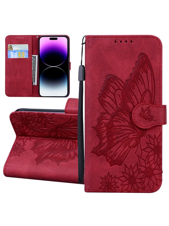 Wallet Case for Samsung Galaxy Note20, Women Butterfly Embossed PU Leather Stand Card Slots Wrist Strap Flip Folio Cover for Samsung Galaxy Note 20,Red