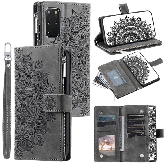Dteck Wallet Case for Samsung Galaxy S20, Embossed Floral Case Crossbody Strap for Women & Men Magnetic Closure Wallet Card Holder Flip Stand Shockproof Protective Cover, gray