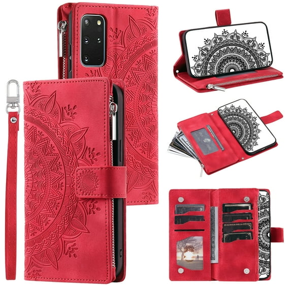 Dteck Wallet Case for Samsung Galaxy S20 Plus, Embossed Floral Case Crossbody Strap for Women & Men Magnetic Closure Wallet Card Holder Flip Stand Shockproof Protective Cover, red