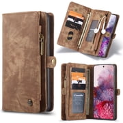 Dteck Wallet Case for Samsung Galaxy S20 Plus / S20+, Heavy Duty Zipper Purse 2 in 1 Premium Leather Folio Magnetic Wallet Credit Card Slot Shock Protection Removable Phone Carrying Cover, Brown