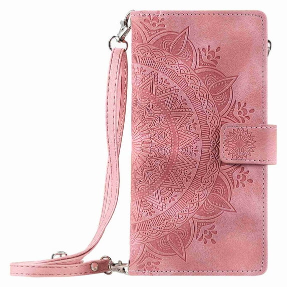 Dteck Wallet Case for Samsung Galaxy S21 Plus, Embossed Floral Case Crossbody Strap for Women & Men Magnetic Closure Wallet Card Holder Flip Stand Shockproof Protective Cover, pink