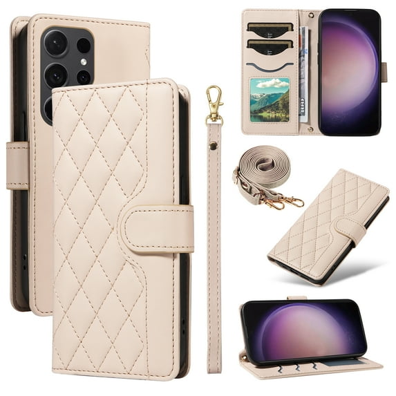 Dteck Wallet Case for Samsung Galaxy S21 Plus with Wrist Strap Shoulder Strap, Shockproof Magnetic Multiple Card Slots Purse PU Leather Stand Phone Cover, Beige