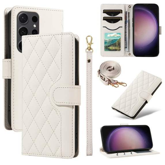 Dteck Wallet Case for Samsung Galaxy S21 Plus with Wrist Strap Shoulder Strap, Shockproof Magnetic Multiple Card Slots Purse PU Leather Stand Phone Cover, White